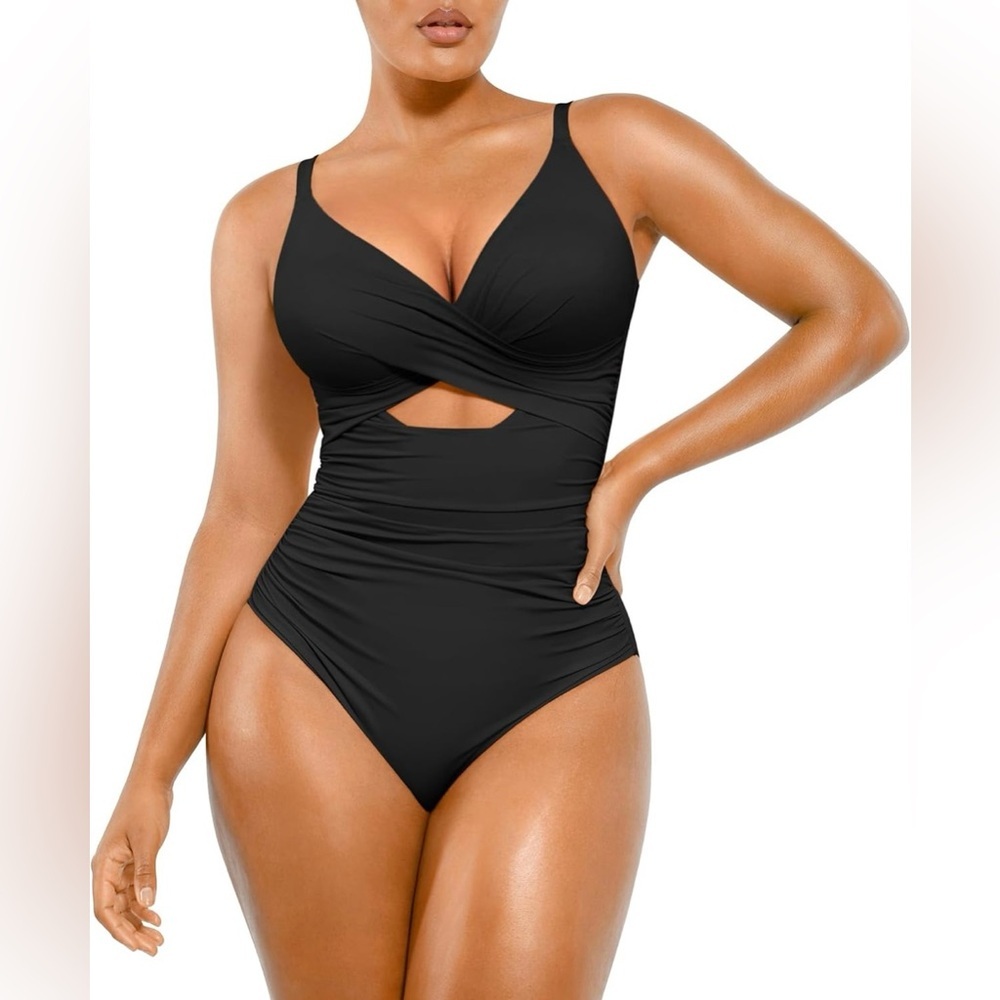 SHAPELLX Women’s Tummy Control Swimsuit V Neck Ruched Push Up Built-in Bra